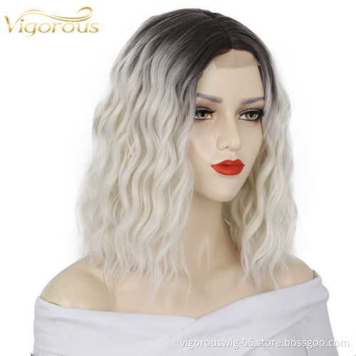 Hot Sale Cheap Short Bob Cosplay Party Curly Ombre Gray For Women Fiber Small Part Lace Front Wig Synthetic Hair